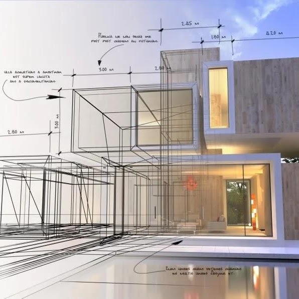 Architectural concept combining a modern building with design sketches